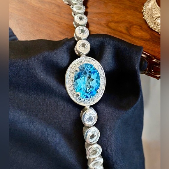 Swiss Blue Topaz / White Topaz Sterling Silver Bolo Bracelet - Picture 5 of 9